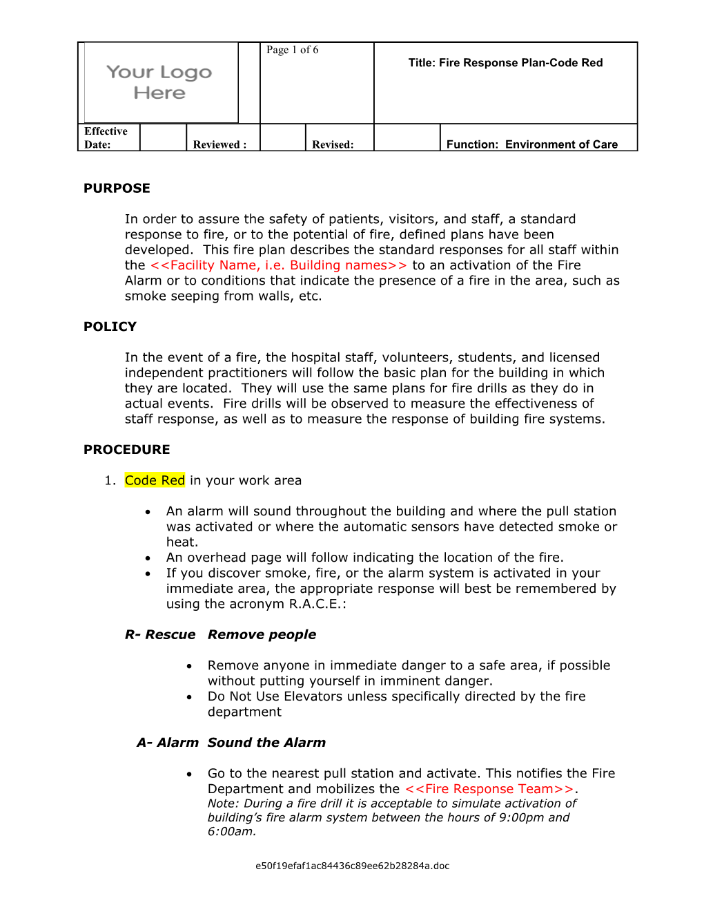 Fire Response Plan-Code Red