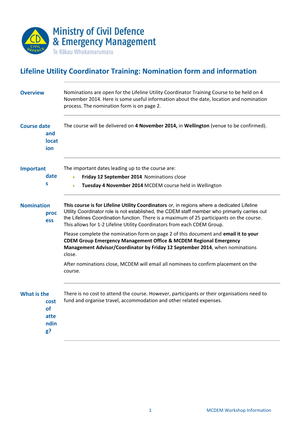 Lifeline Utility Coordinator Training: Nomination Form and Information