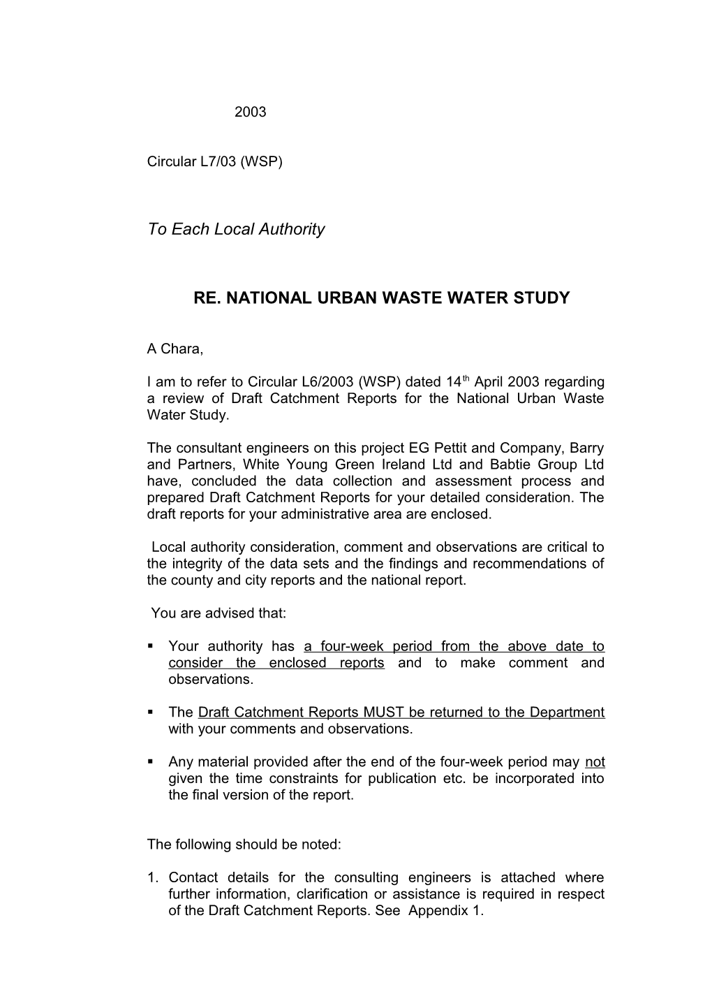 Re. National Urban Waste Water Study