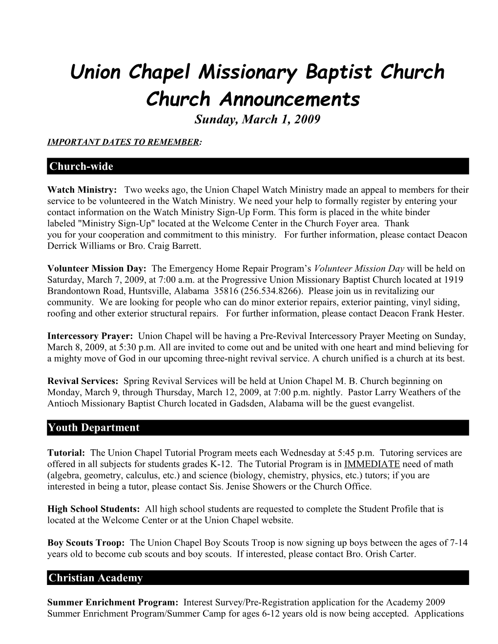 Church Announcements