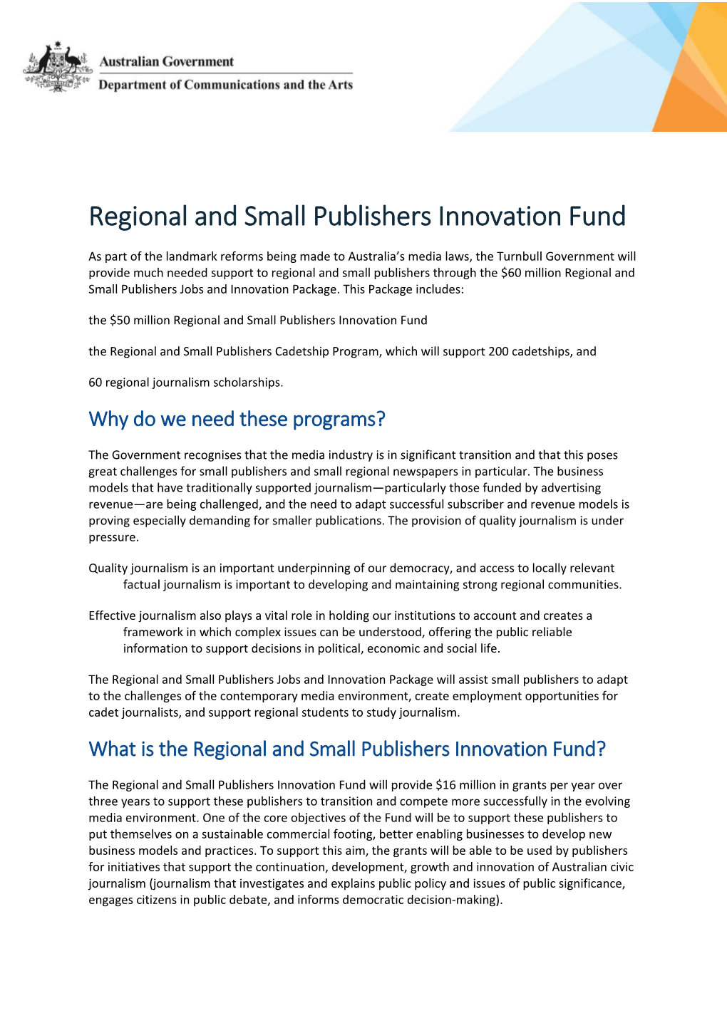 Factsheet: Regional and Small Publishers Innovation Fund UPDATE 26 October