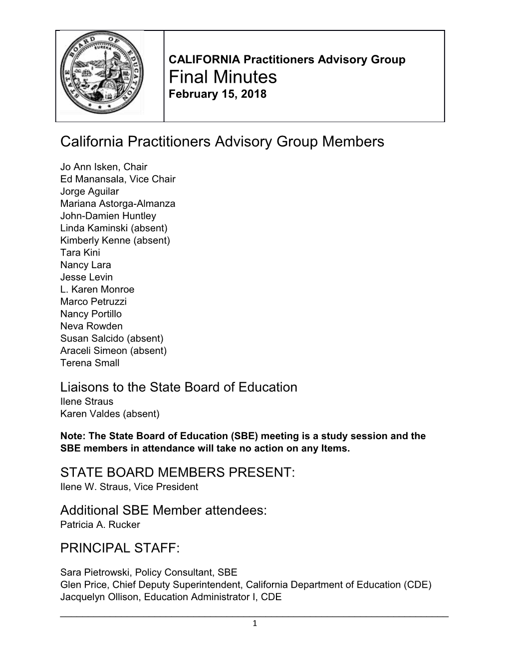 February 15, 2018 Meeting Minutes - CPAG (SBE)