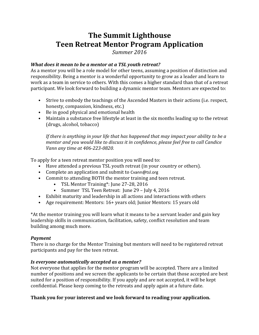 Teen Retreat Mentor Program Application