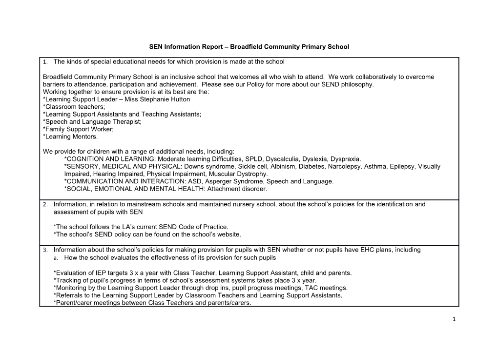 SEN Information Report Broadfield Community Primary School