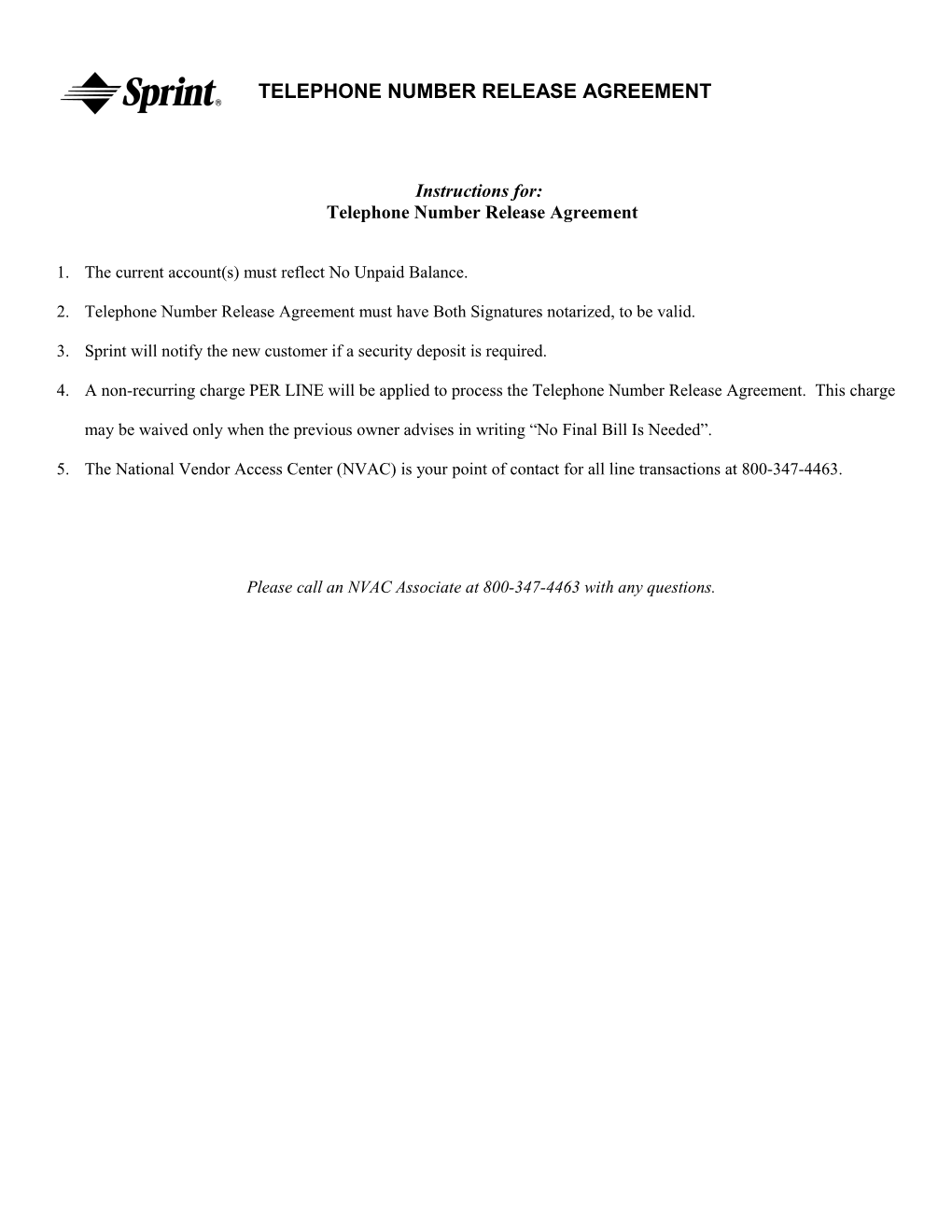 Telephone Number Release Agreement