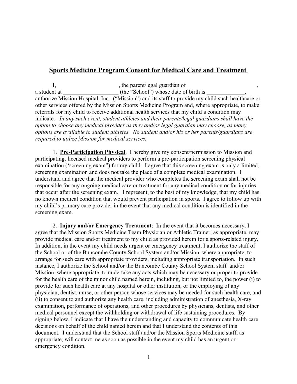 Sports Medicine Program Consent for Medical Care and Treatment