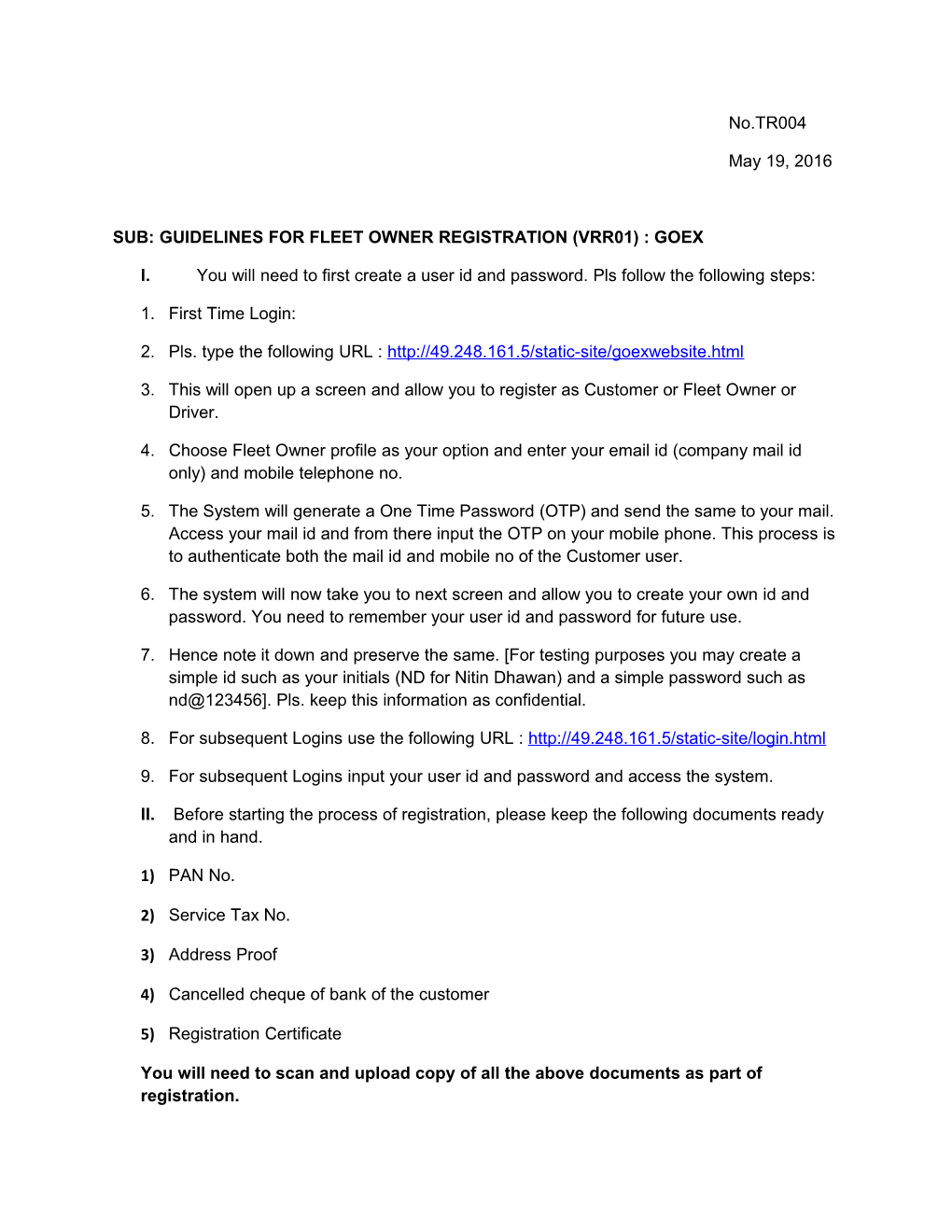 Sub: Guidelines for Fleet Owner Registration (Vrr01) : Goex