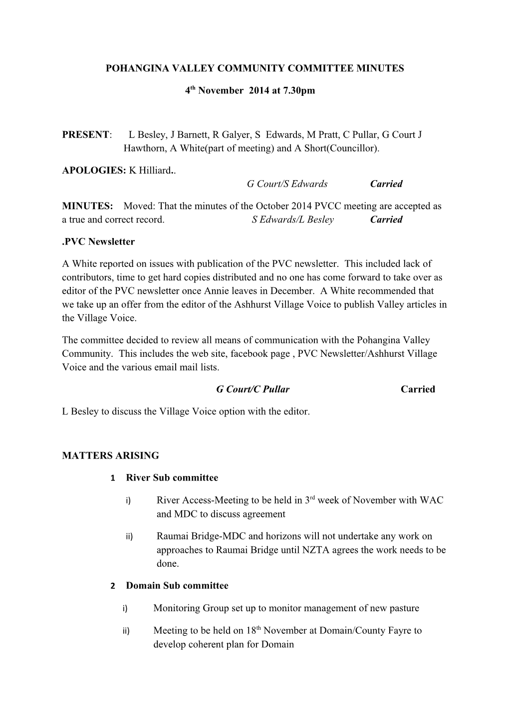 Pohangina Valley Community Committee Minutes