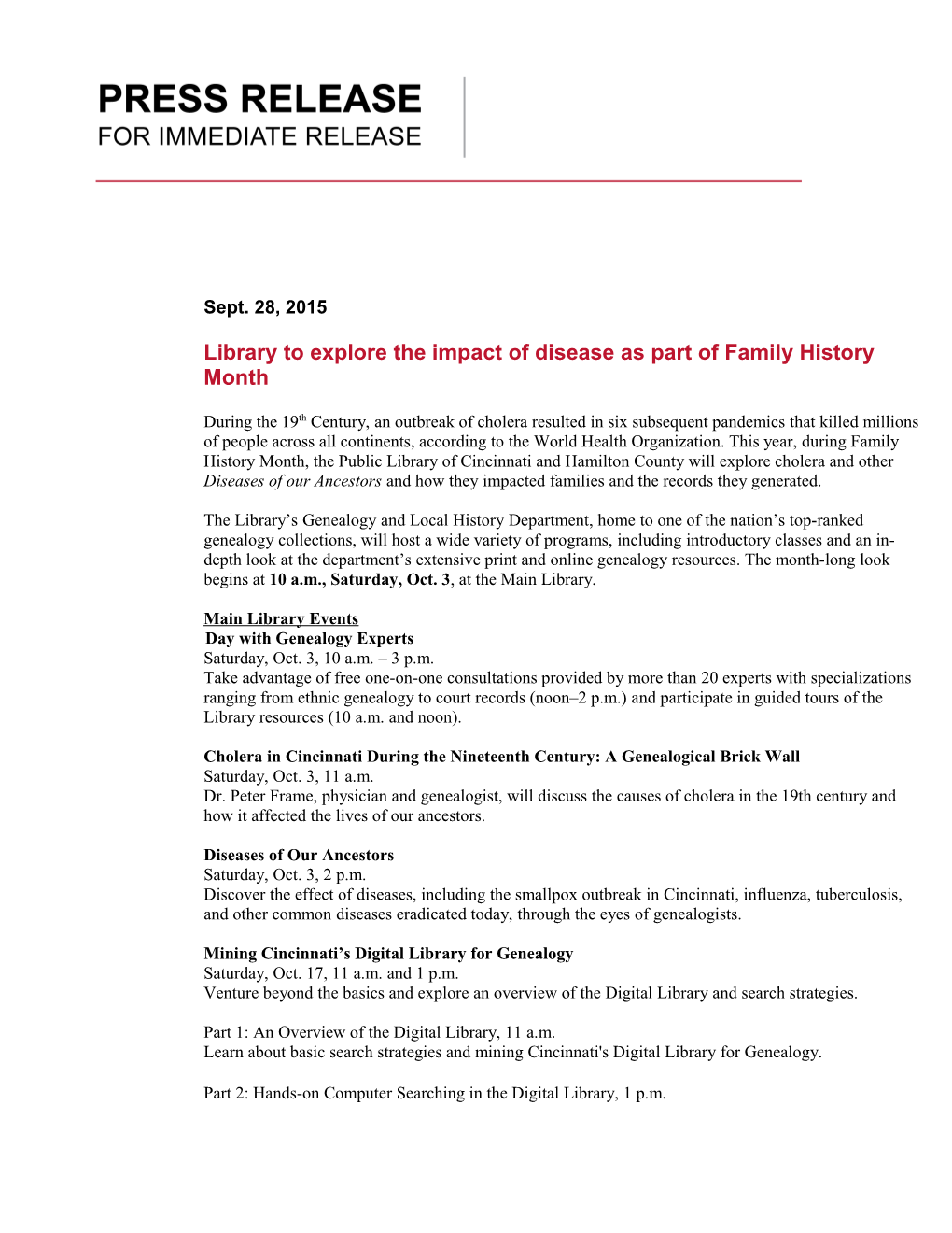 Library to Explore the Impact of Disease As Part of Family History Month