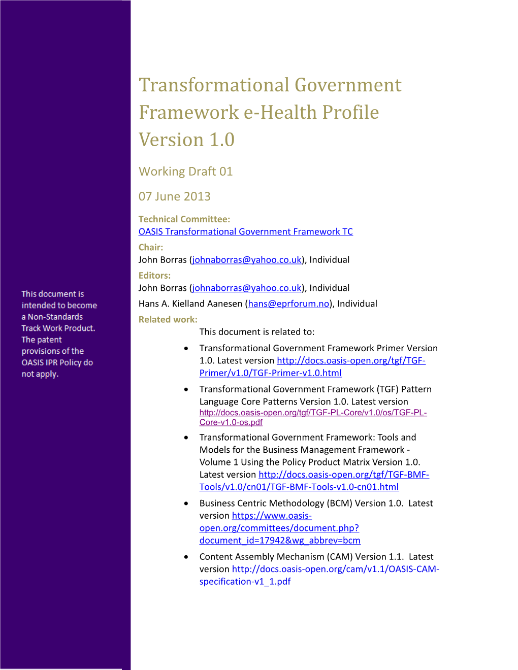 Transformational Government Framework E-Health Profile Version 1.0