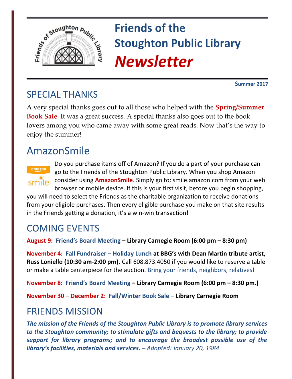 The Friends of the Stoughton Public Librarynewsletter 1 Page Summer 2017
