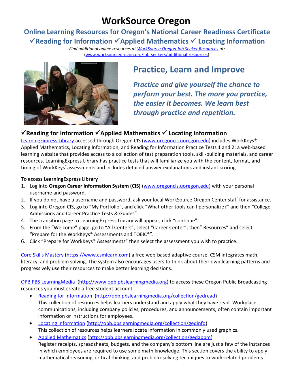 Online Learning Resources for Oregon S National Career Readiness Certificate