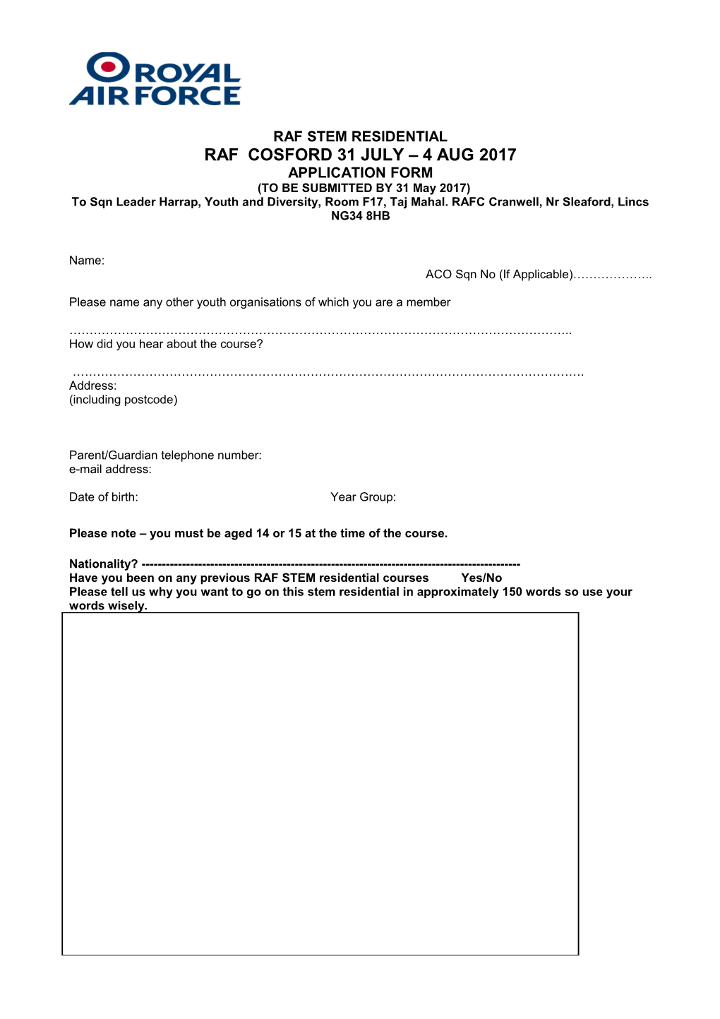 STEM Applicationform Cranwellwise Apr17