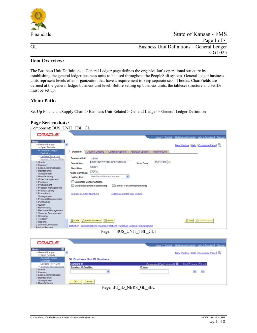 Glbusiness Unit Definitions General Ledgercgl025