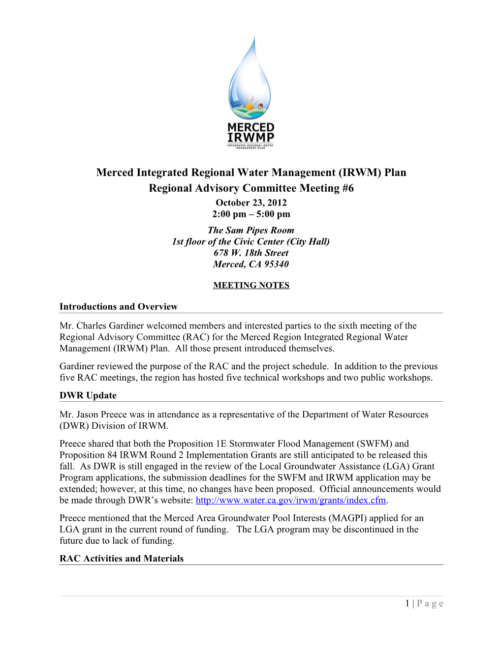 Merced Integrated Regional Water Management (IRWM) Plan