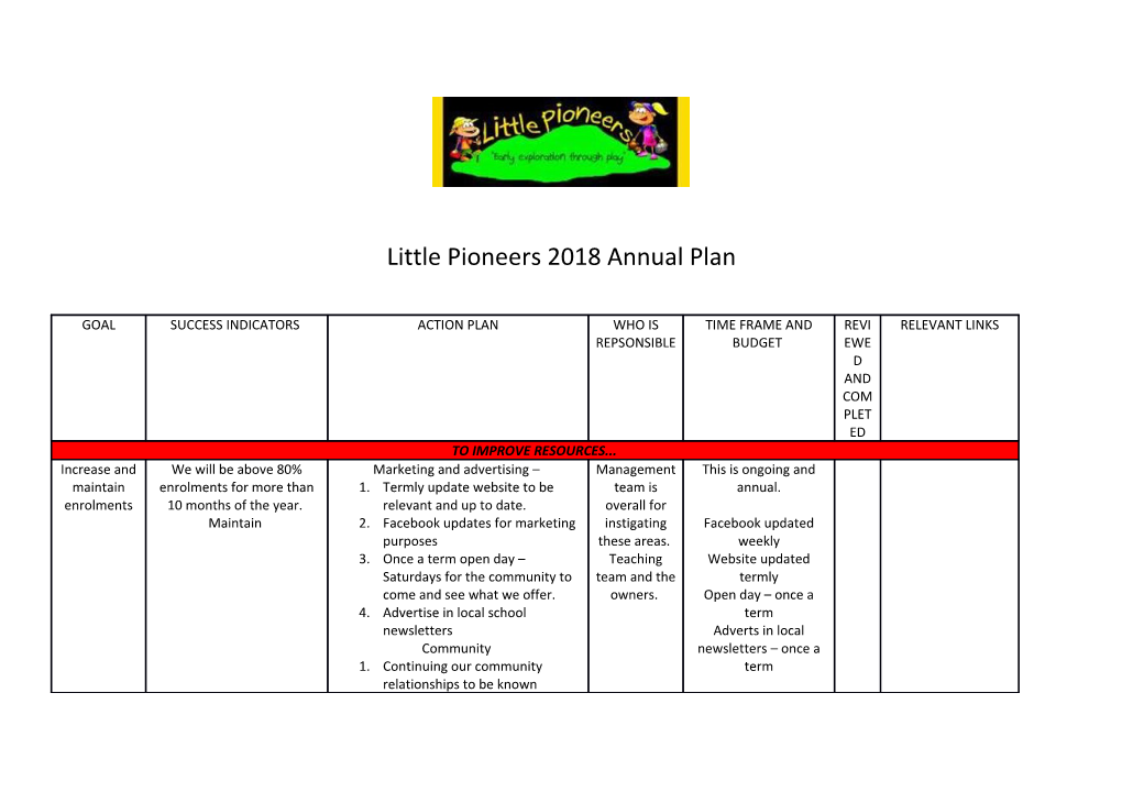 Little Pioneers 2018 Annual Plan