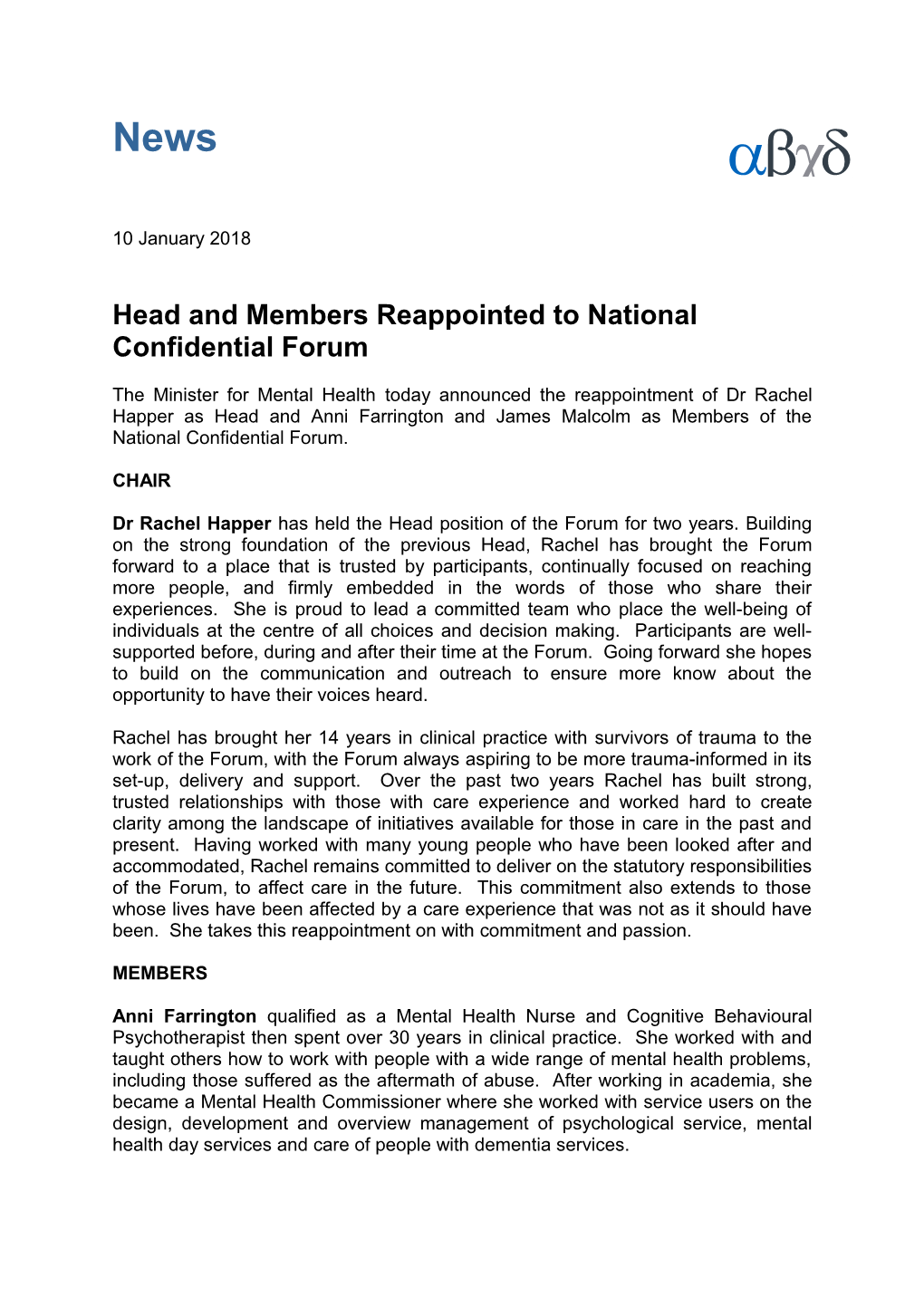 Head and Members Reappointed to National Confidential Forum
