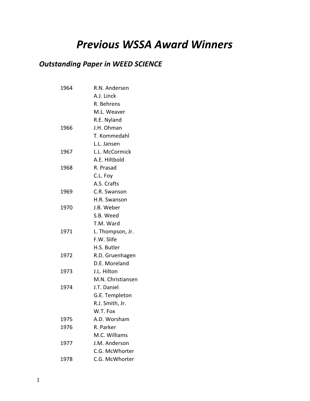 Previous WSSA Award Winners