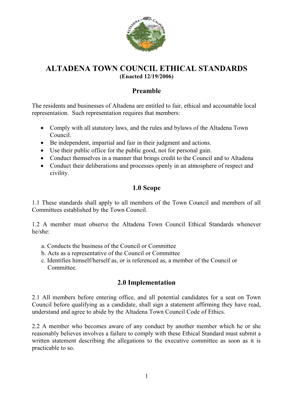 Altadena Town Council Ethical Standards