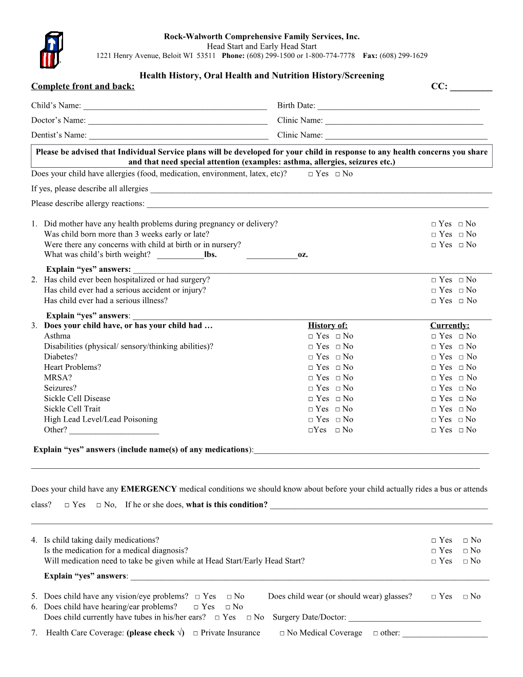 Health History, Oral Health and Nutrition History/Screening