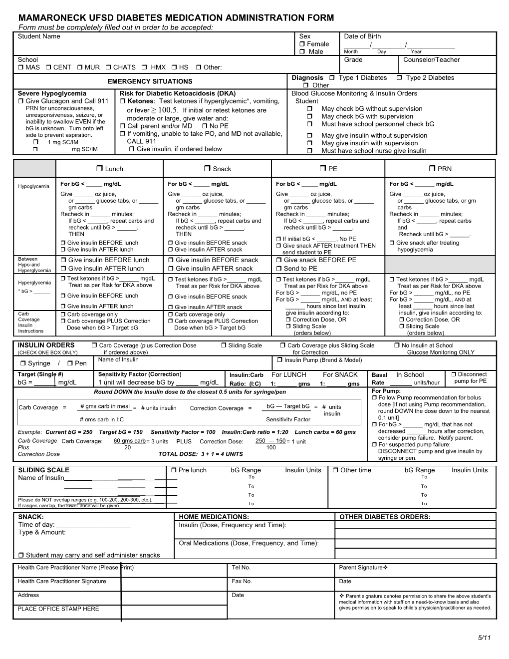 Mamaroneck Ufsd Diabetes Medication Administration Form