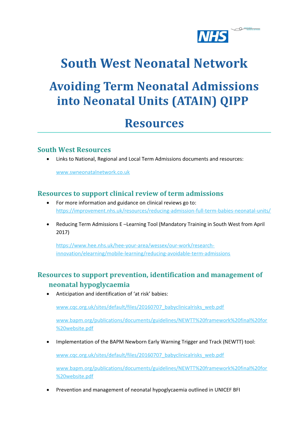 South West Neonatal Network