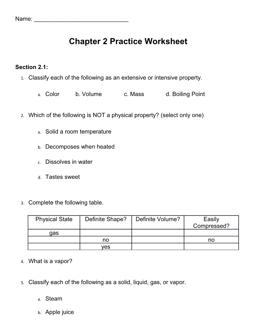 Chapter 2 Practice Worksheet