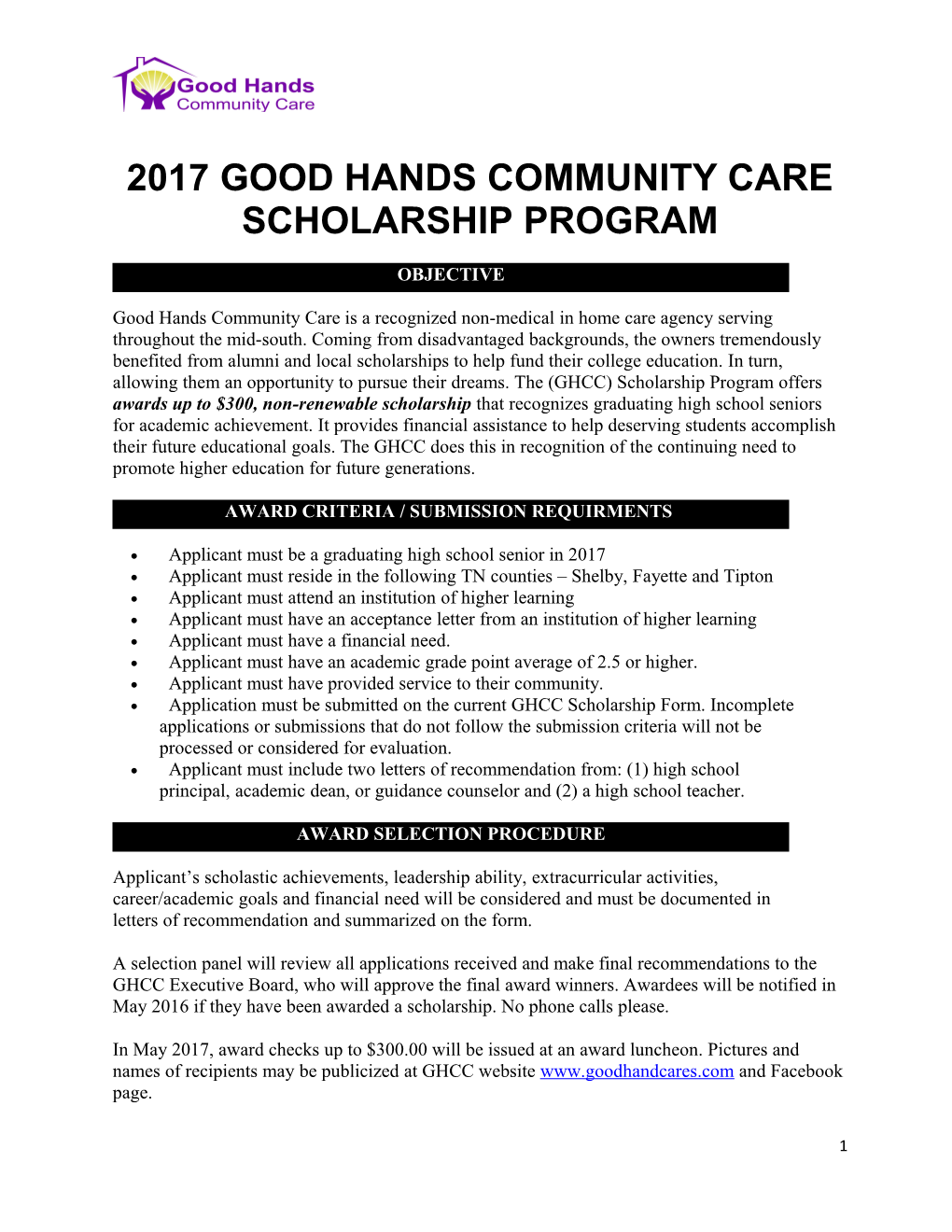 2017Good Hands Community Care Scholarship Program