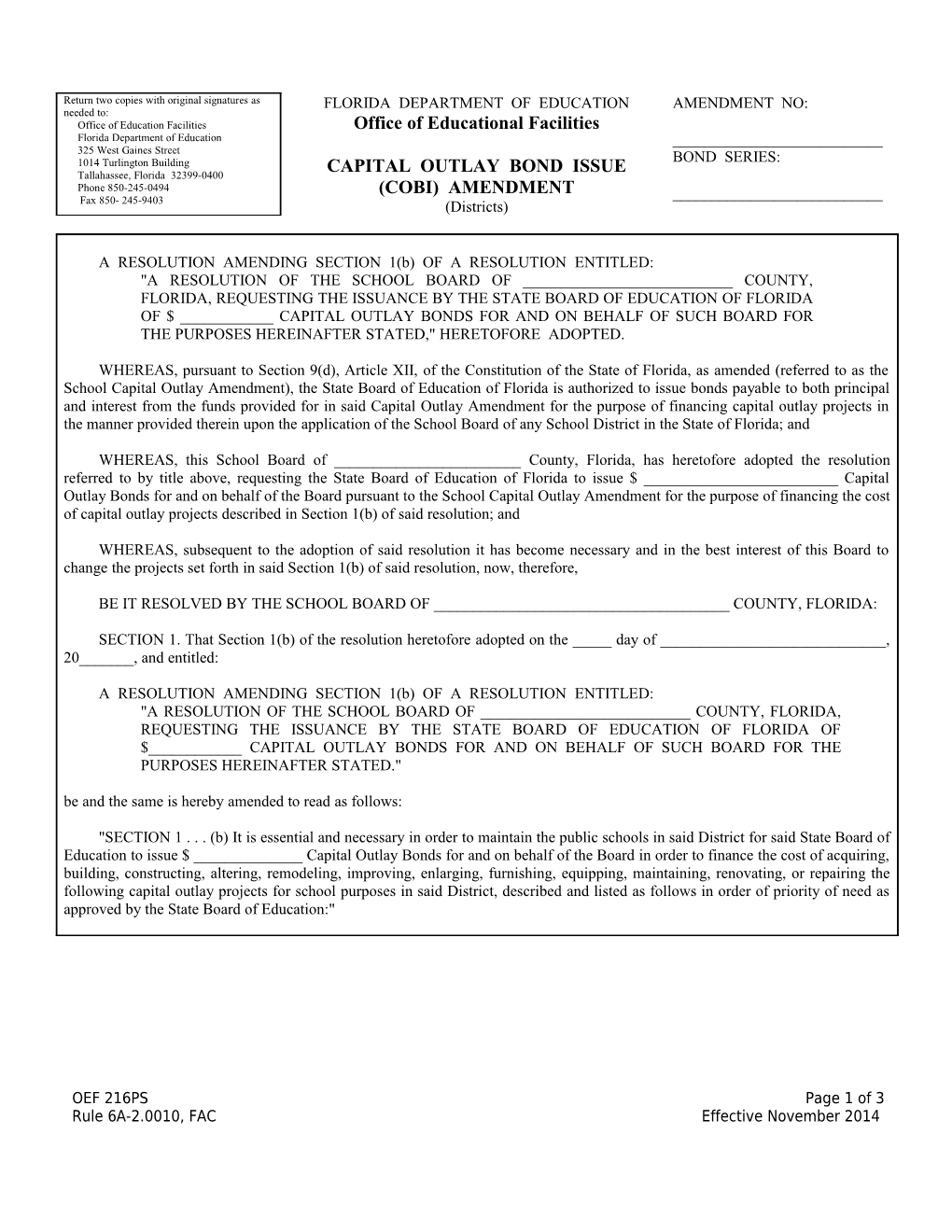 CAPITAL OUTLAY BOND ISSUE (COBI) AMENDMENT (Districts)