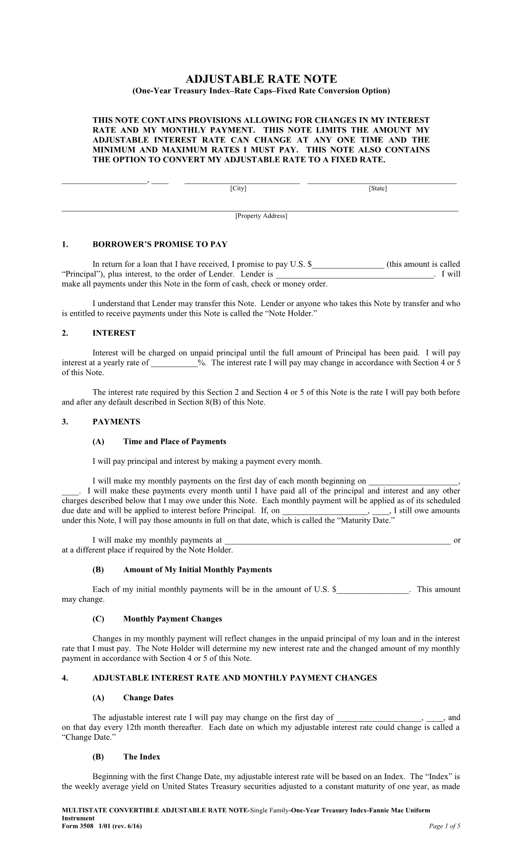 Multistate Convertible Adjustable Rate Note (Form 3508): Word