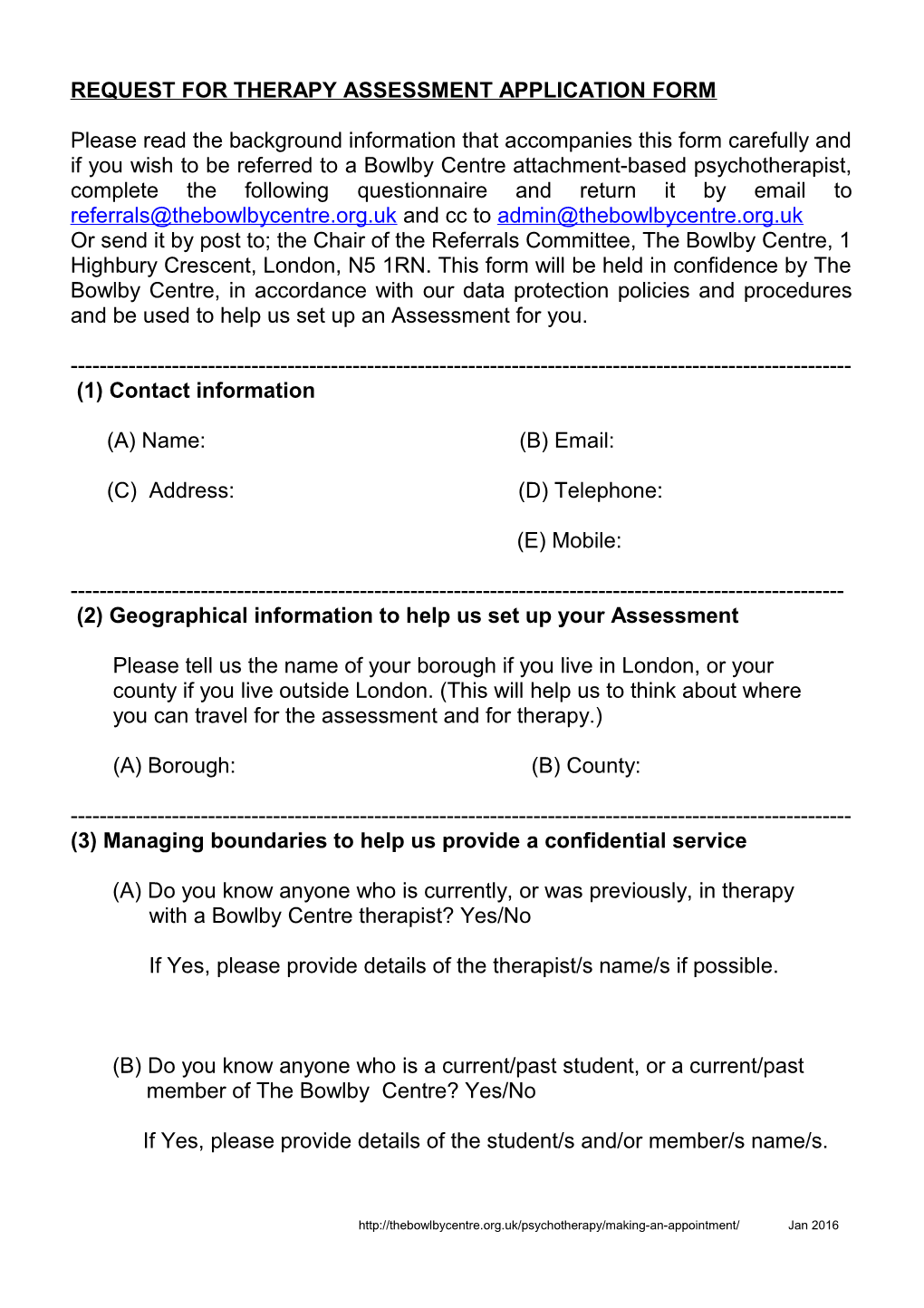 Request for Therapy Assessment Application Form