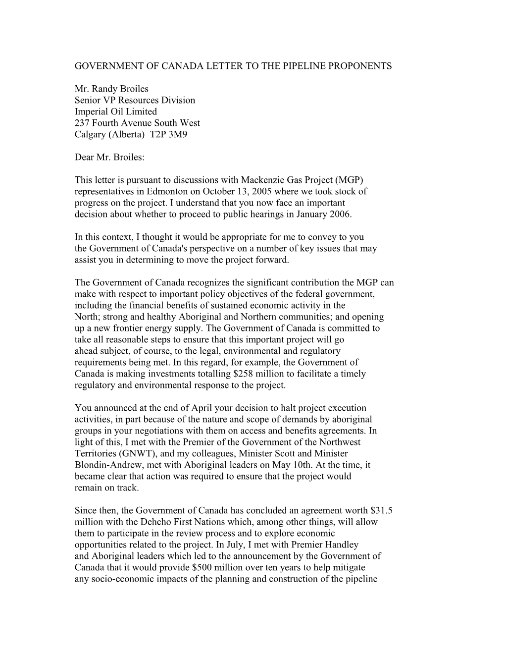 Government of Canada Letter to the Pipeline Proponents