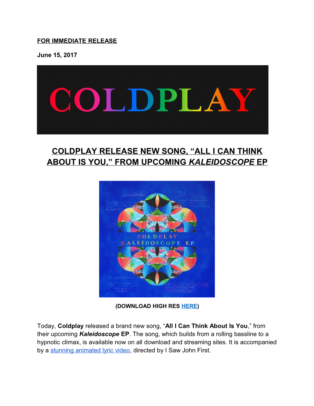 Coldplay Release New Song, All I Can Think About Is You, from Upcoming Kaleidoscope Ep