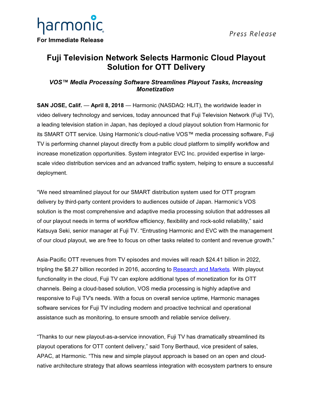 Fuji Television Network Selects Harmonic Cloud Playout Solution for OTT Delivery