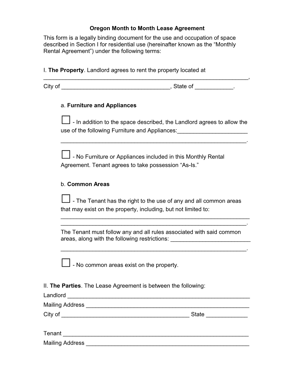 Oregon Month to Month Lease Agreement