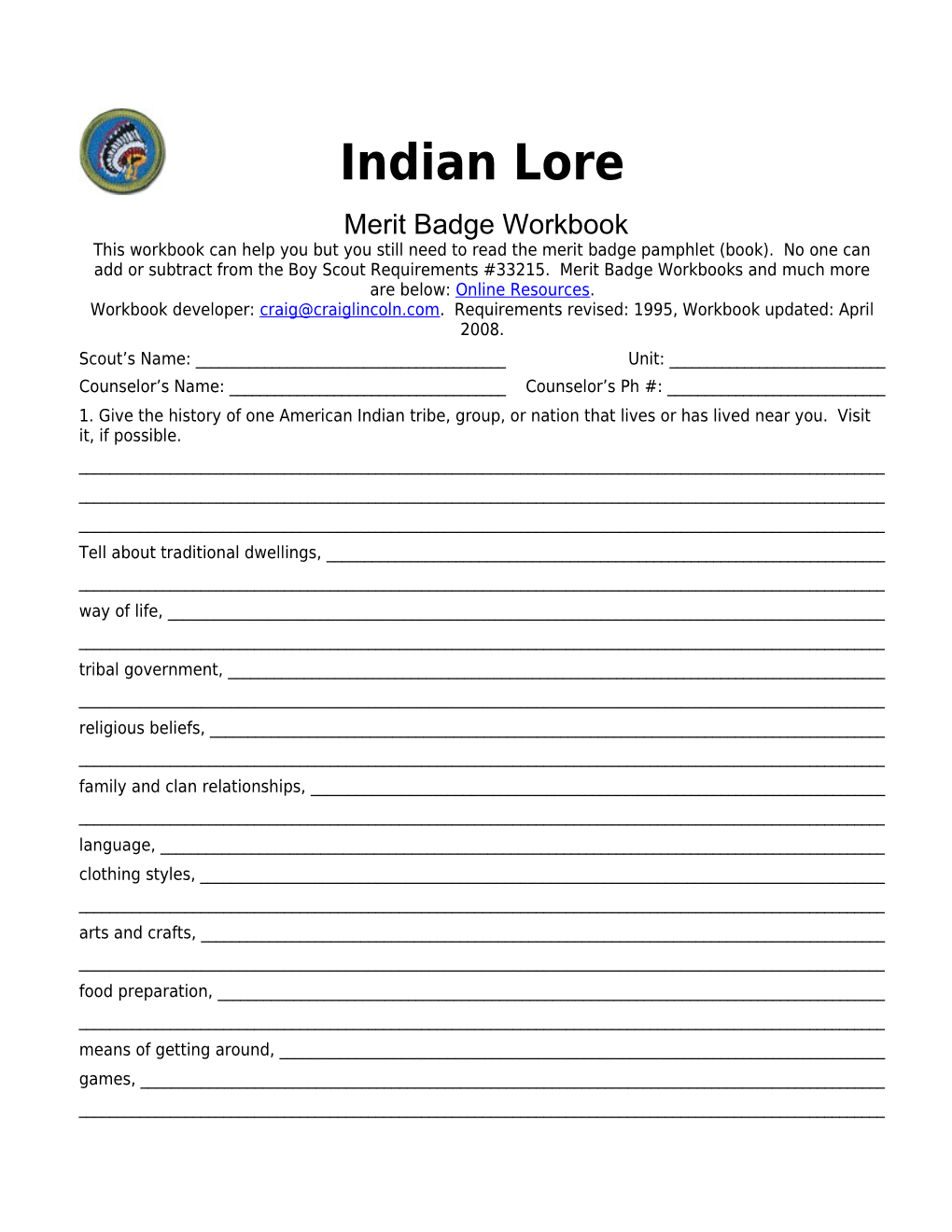Indian Lore P. 1 Merit Badge Workbookscout's Name: ______