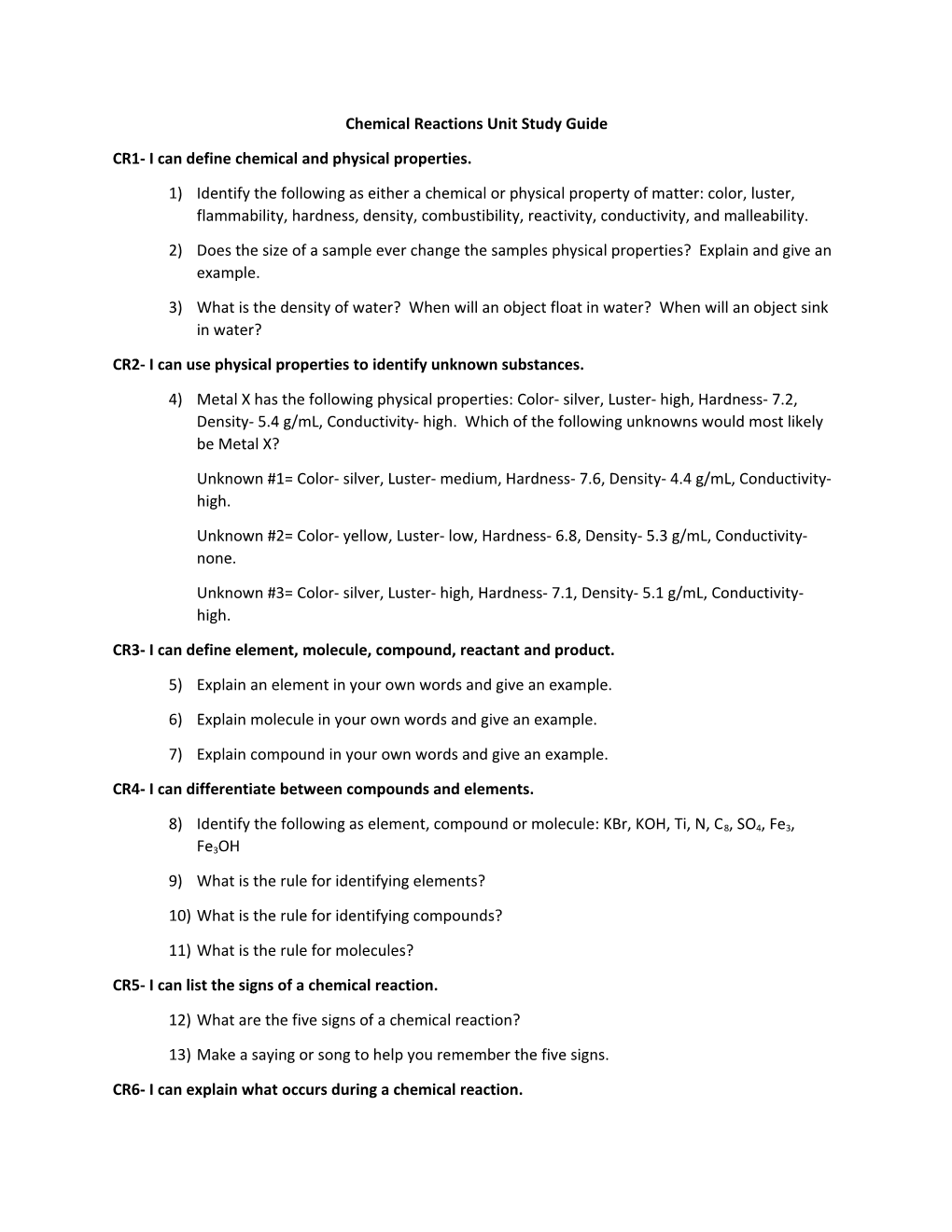 Chemical Reactions Unit Study Guide