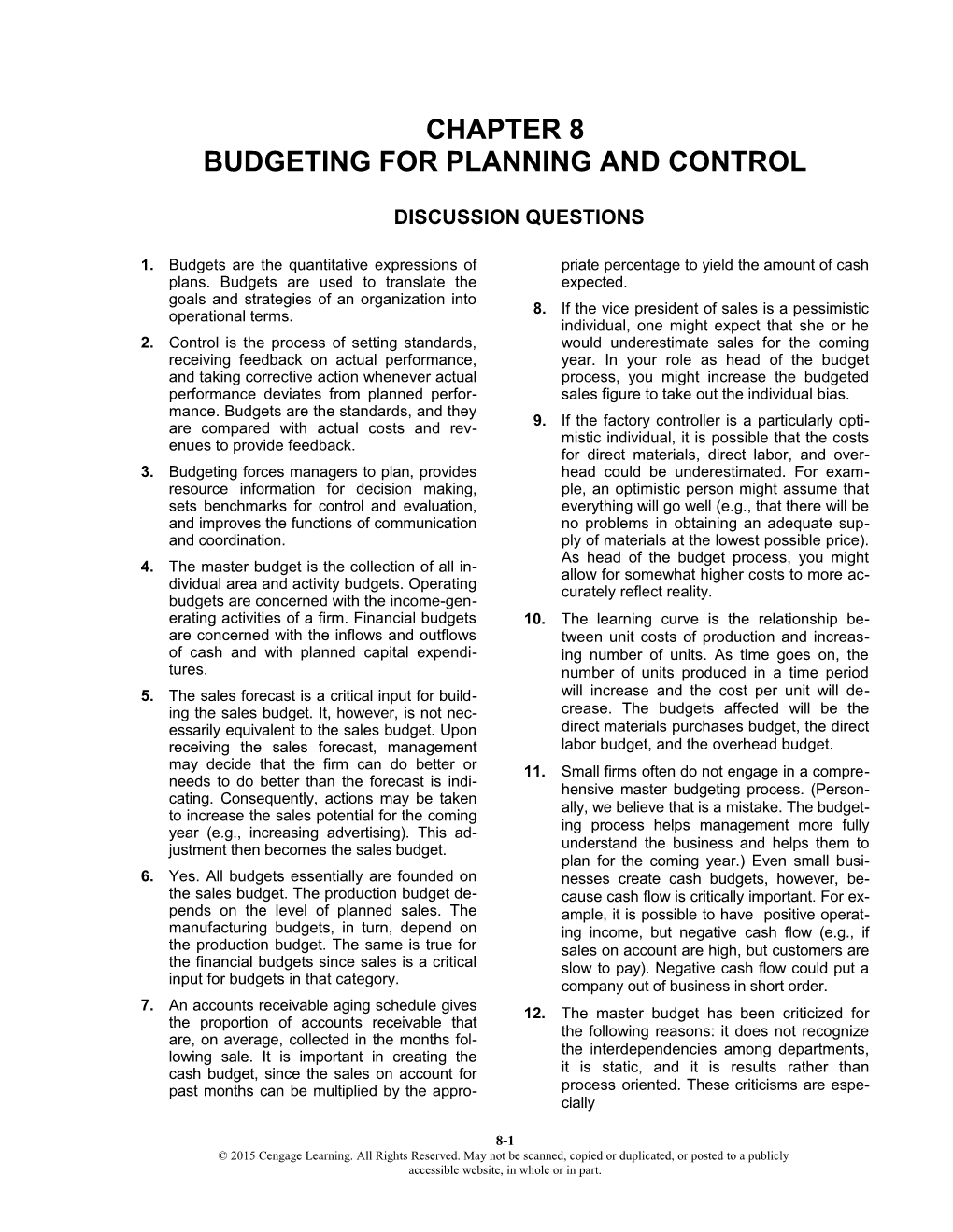 Budgeting for Planning and Control