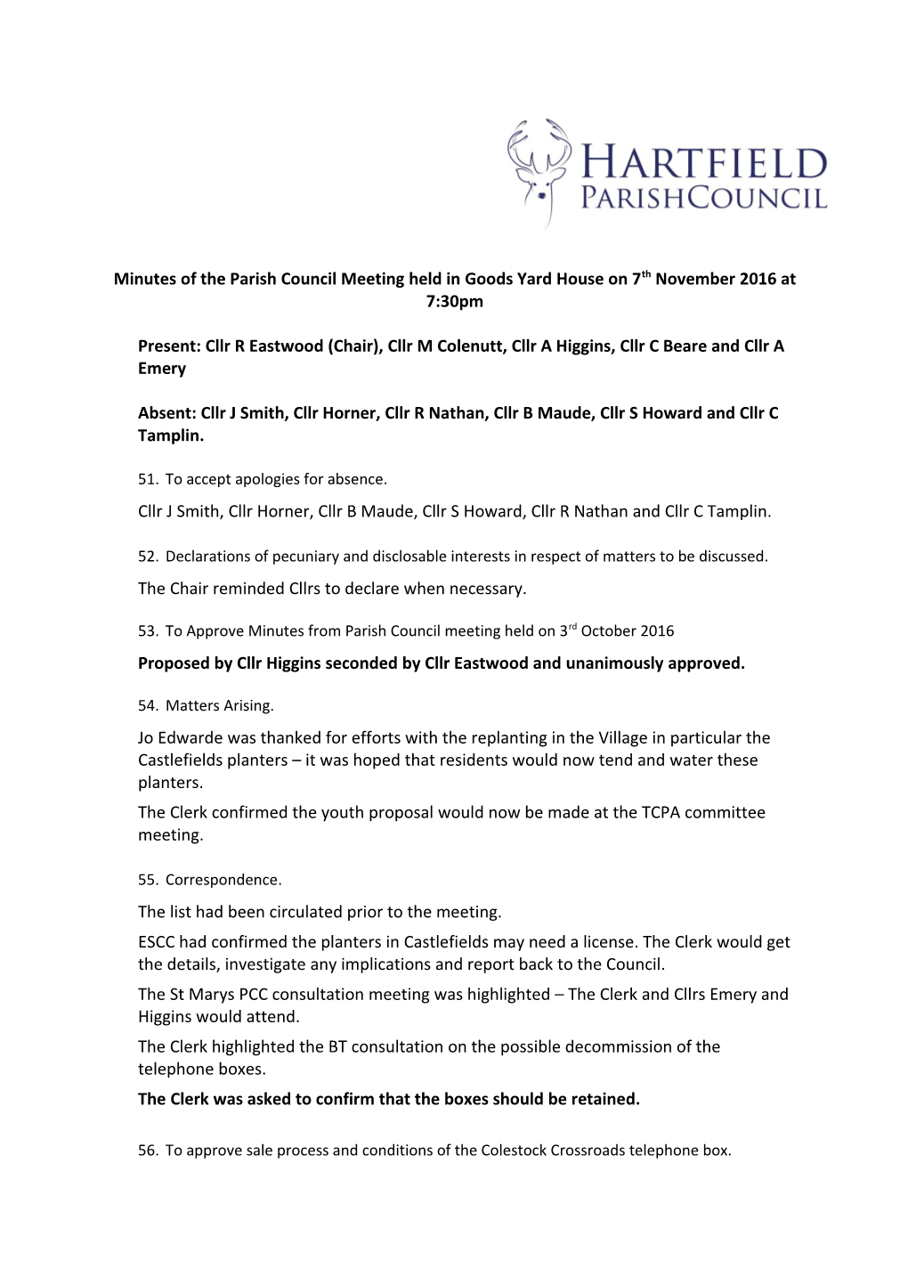 Minutes of Theparish Council Meeting Held in Goods Yard House on 7Th November2016 at 7:30Pm