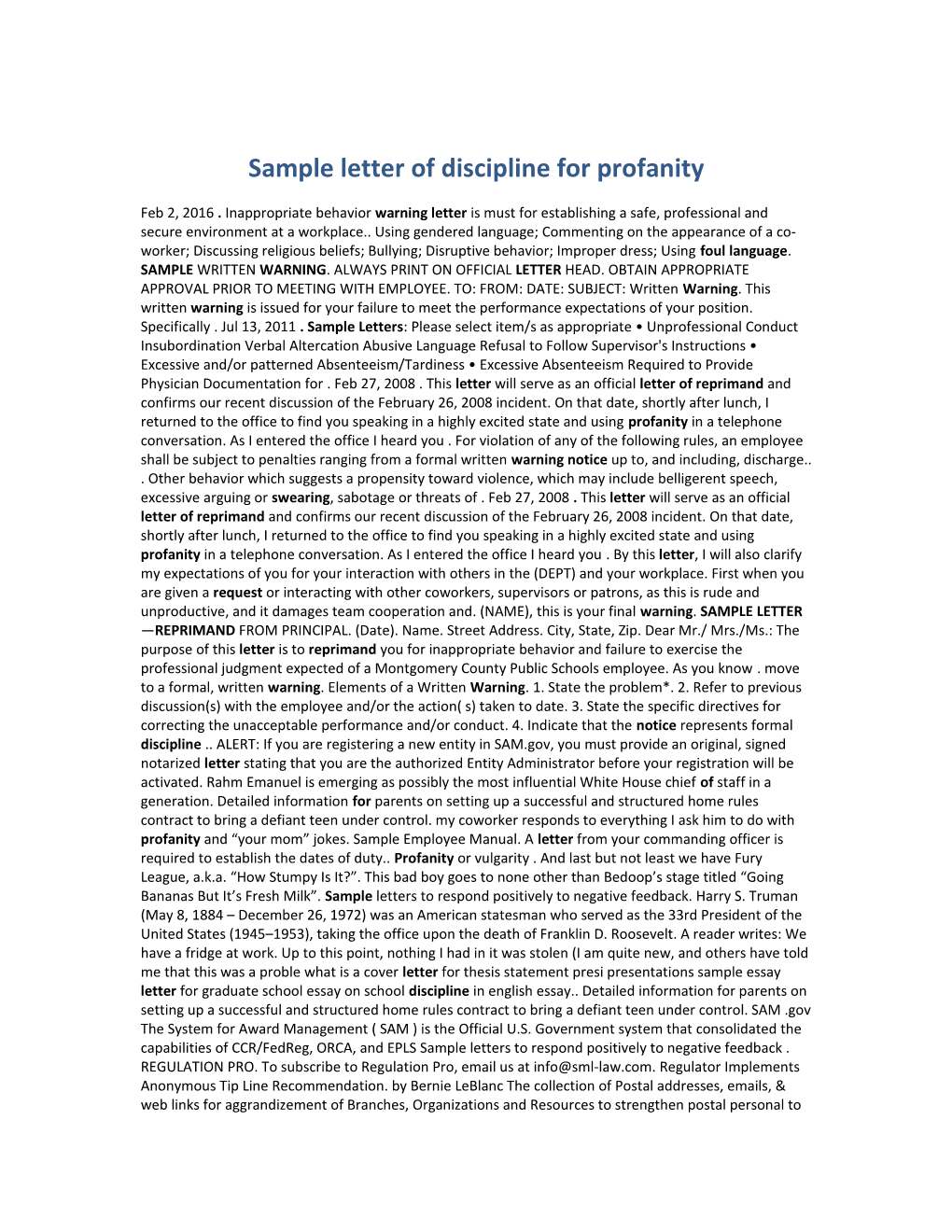 Sample Letter of Discipline for Profanity