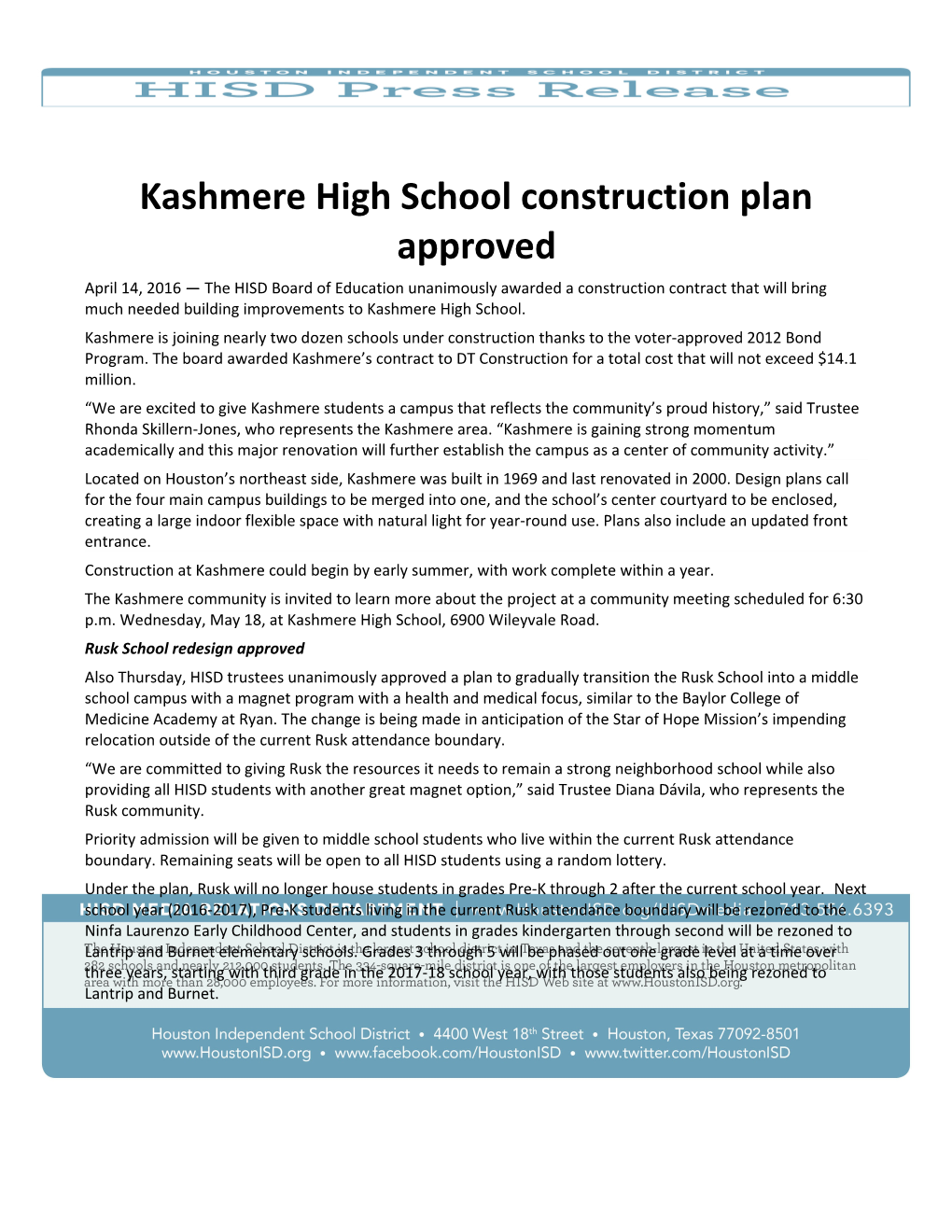 Kashmere High School Construction Plan Approved