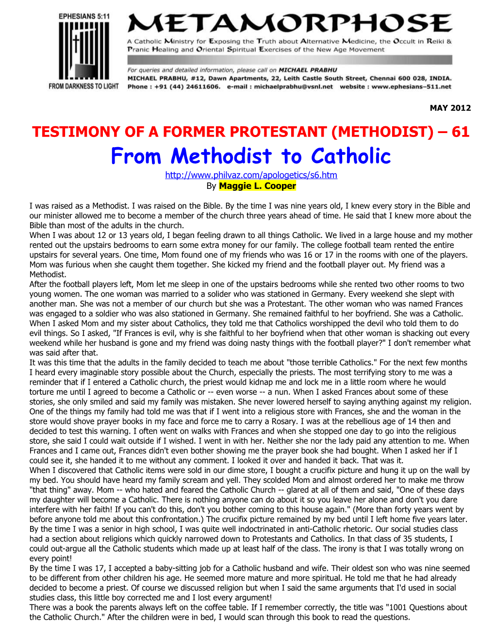 Testimony of a Former Protestant (Methodist) 61