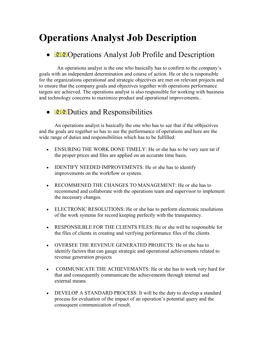 Operations Analyst Job Description