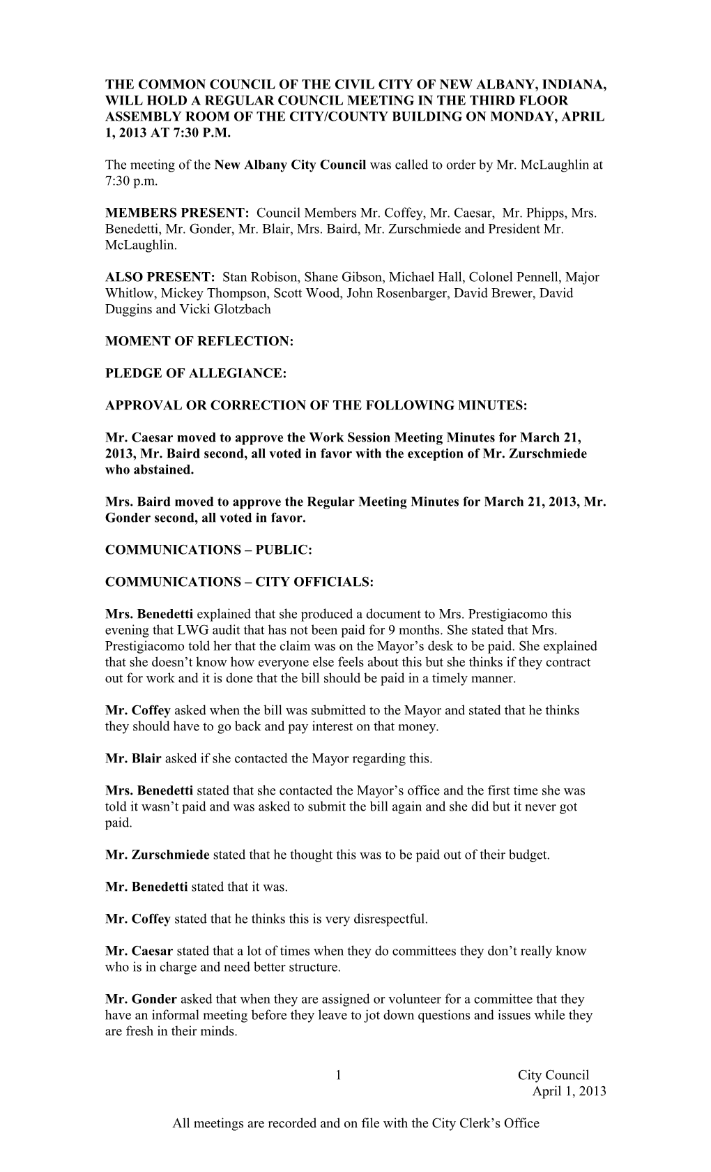 The Meeting of the New Albany City Council Was Called to Order by Mr. Mclaughlin at 7:30 P.M