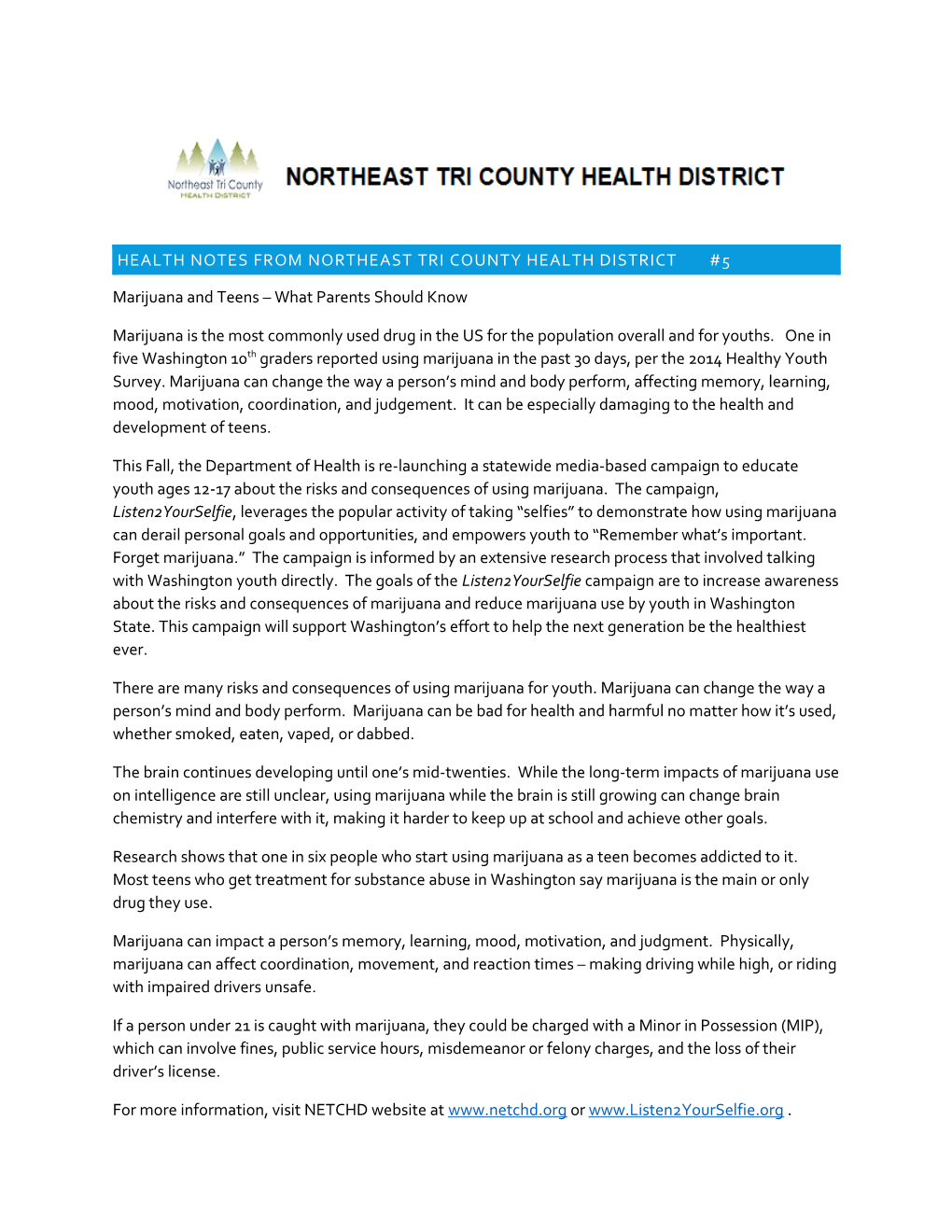 Health Notes from Northeast Tri County Health District #5