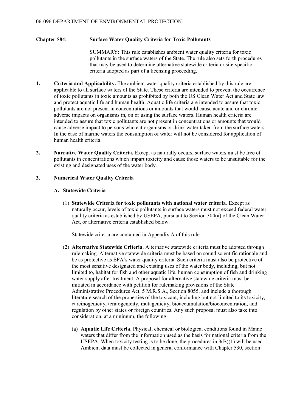 Chapter 584:Surface Water Quality Criteria for Toxic Pollutants