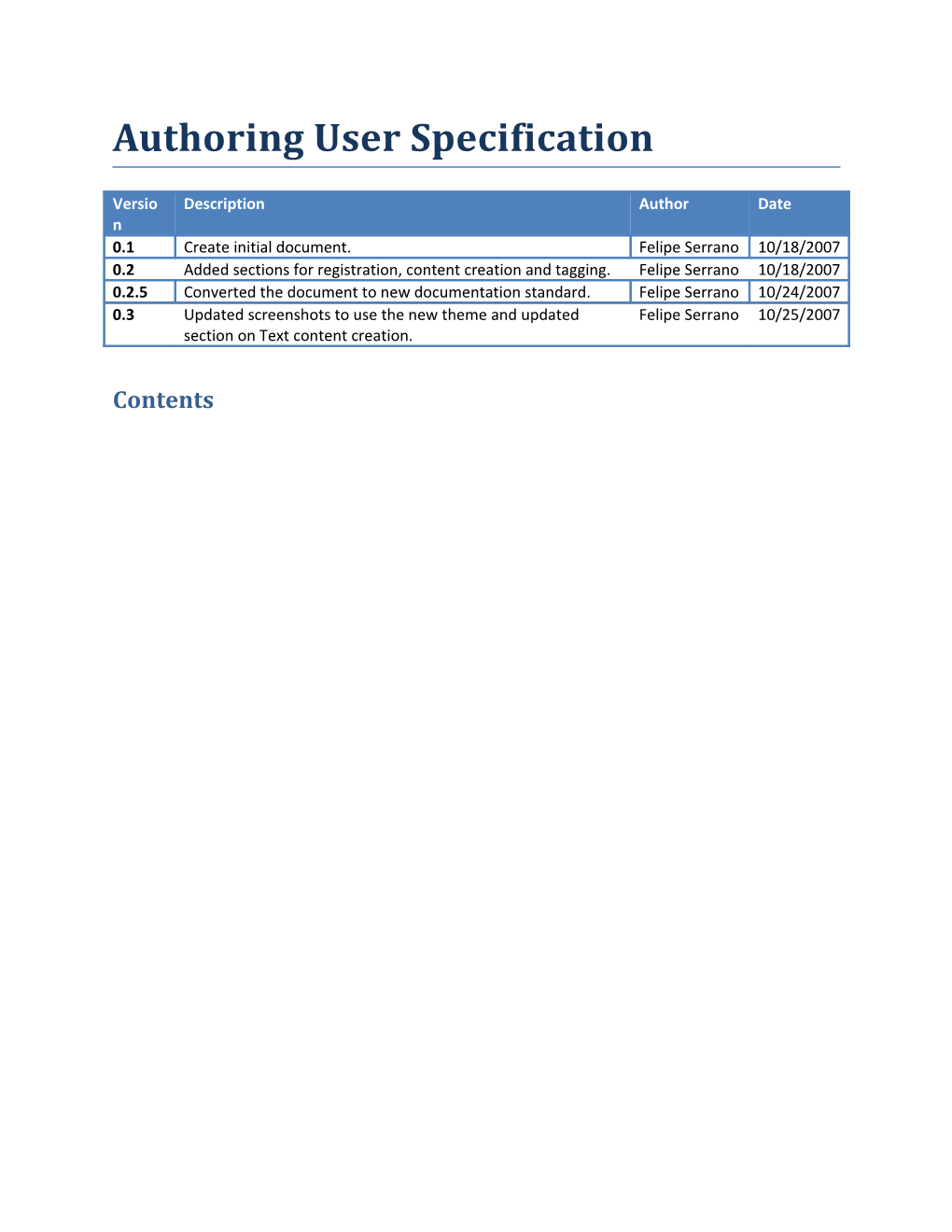 Authoring User Specification