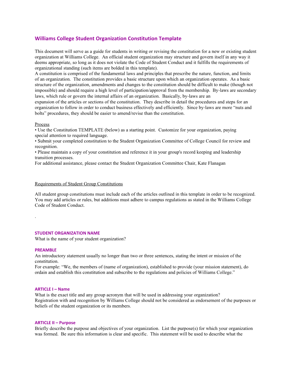 Williams College Student Organization Constitution Template