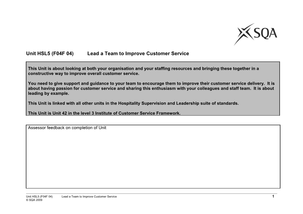 Unit HSL5 (F04F 04)Lead a Team to Improve Customer Service