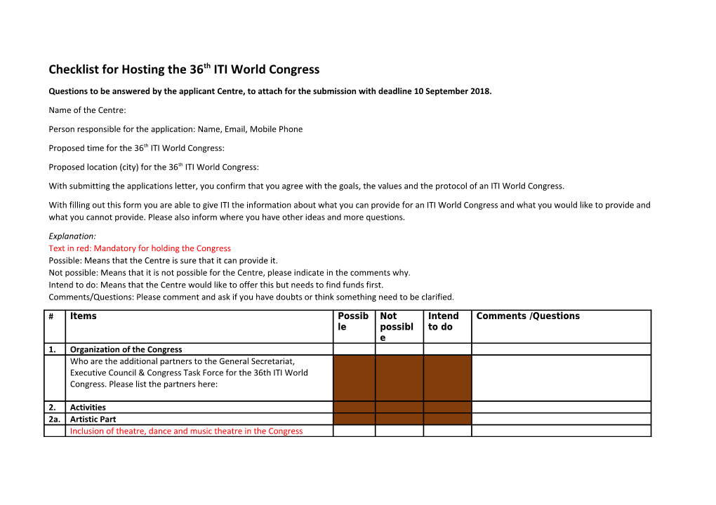 Checklist for Hosting the 36Th ITI World Congress